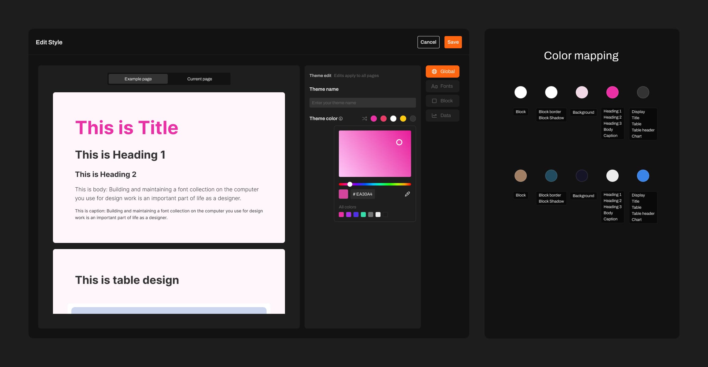 Theme Iteration 2 - Color mapping system overview: all color-dependent elements categorized into 5 color groups.